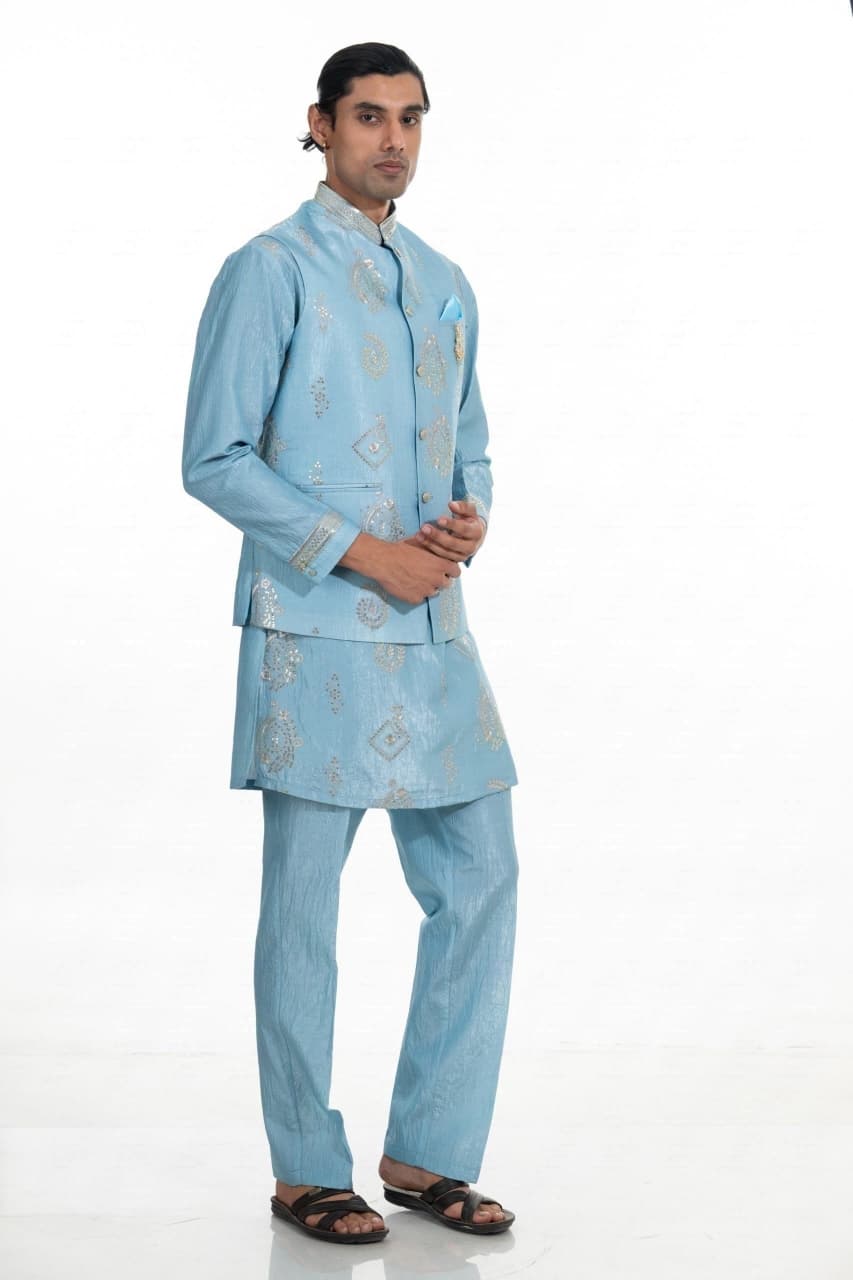 Sky Blue Embroidered Kurta Jacket Set