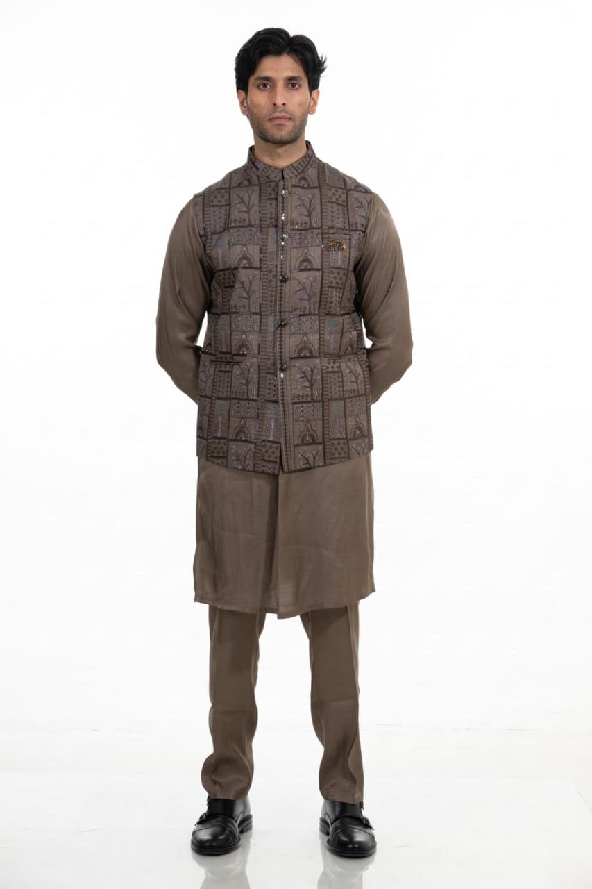 Taupe Heritage Embroidered Kurta Jacket Set