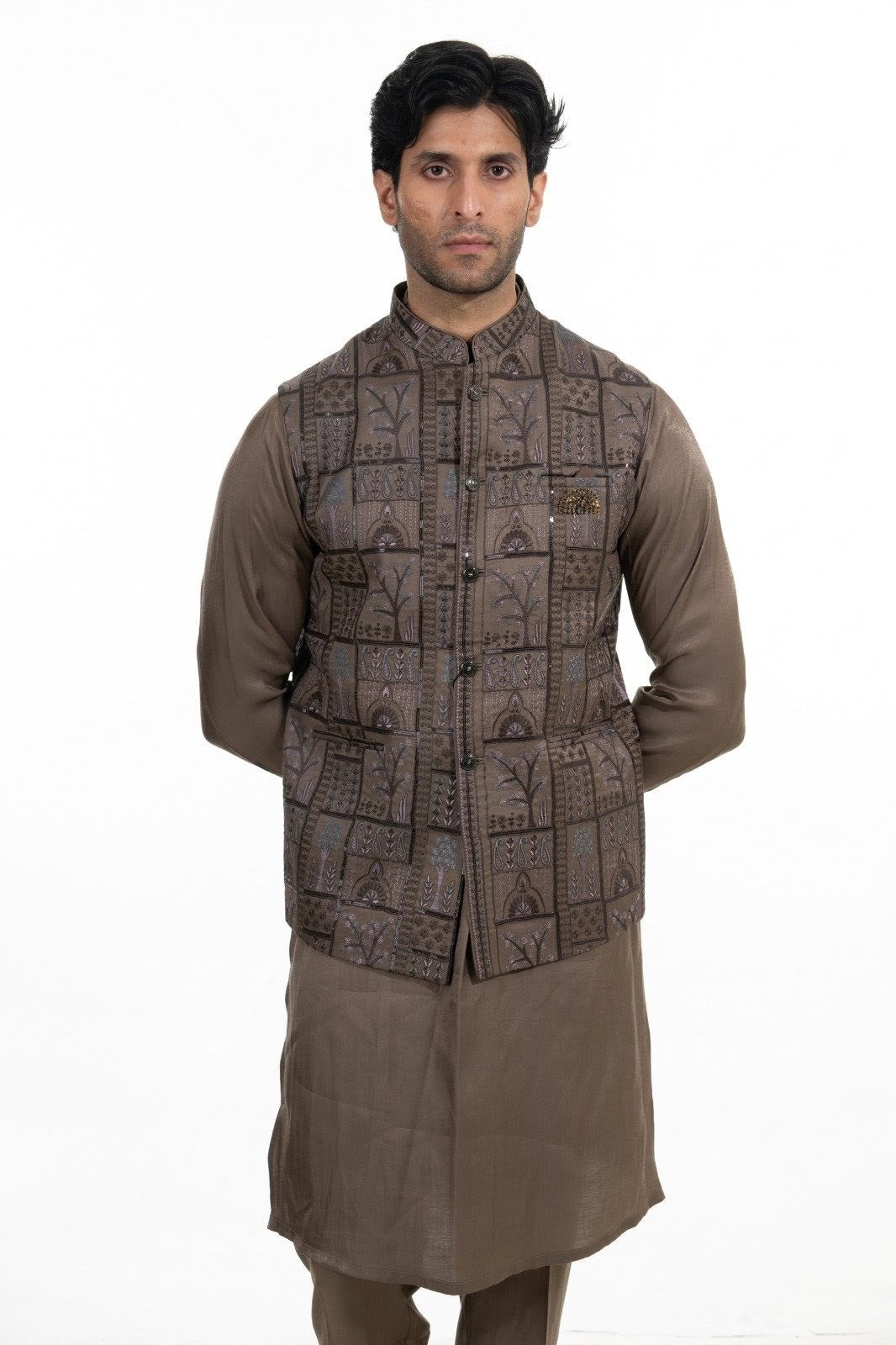 Taupe Heritage Embroidered Kurta Jacket Set