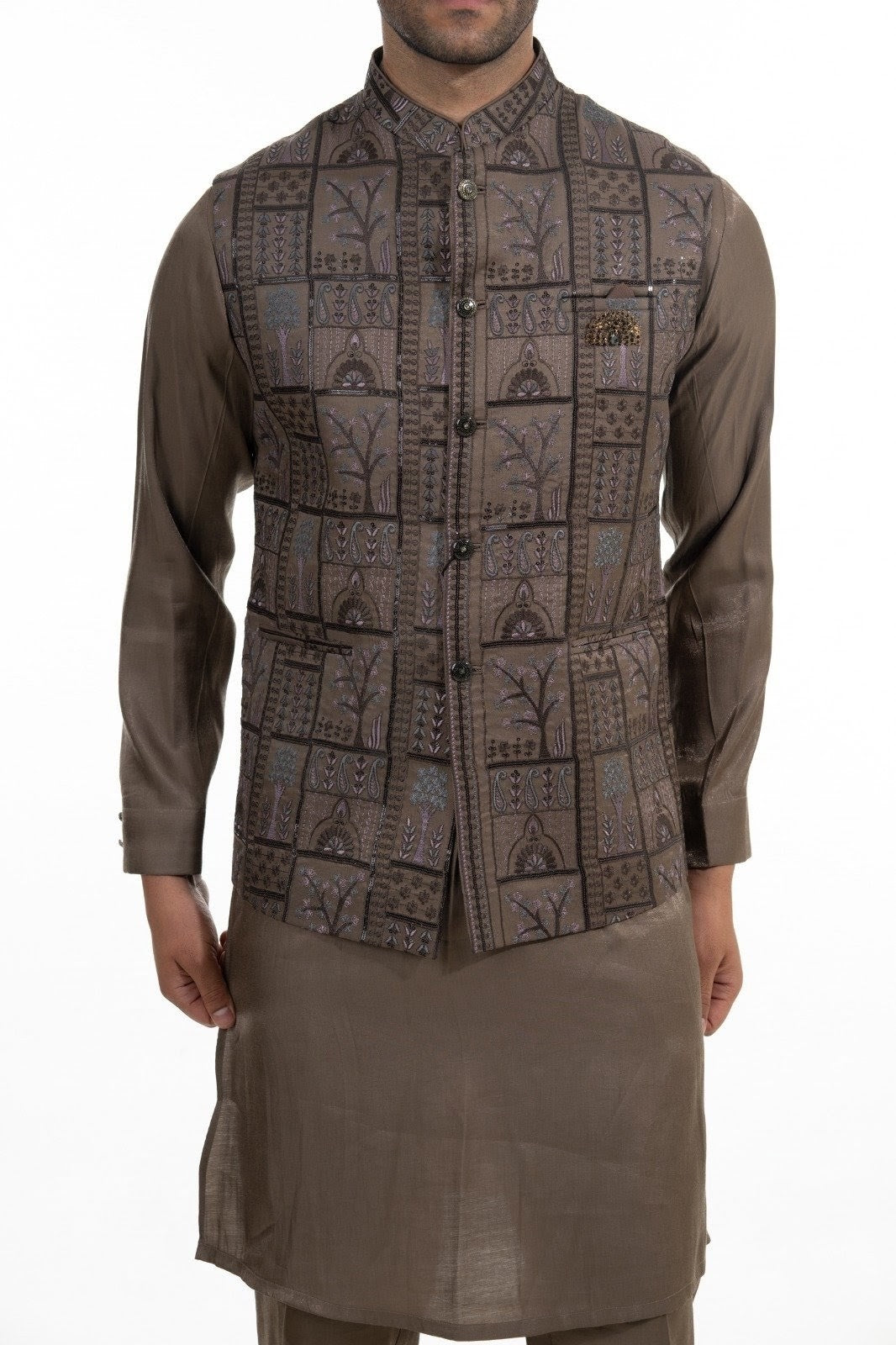 Taupe Heritage Embroidered Kurta Jacket Set