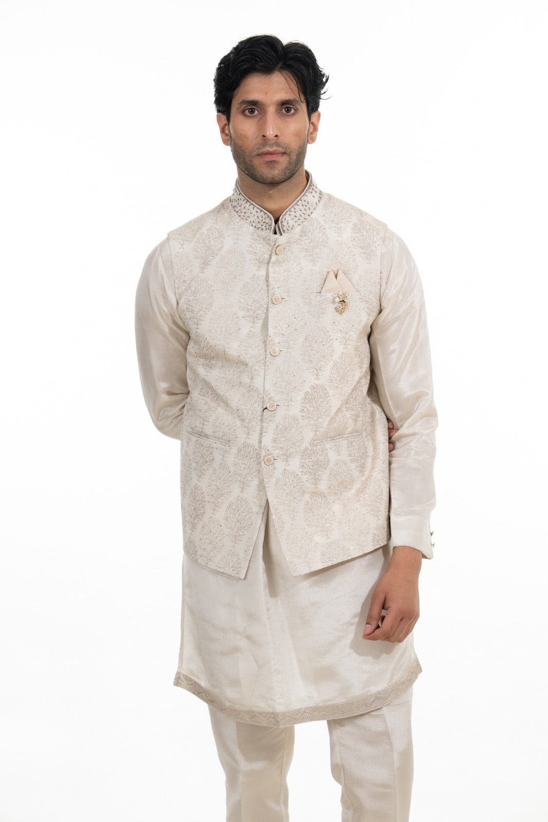 Cream Botanical Jacquard  Kurta Jacket Set