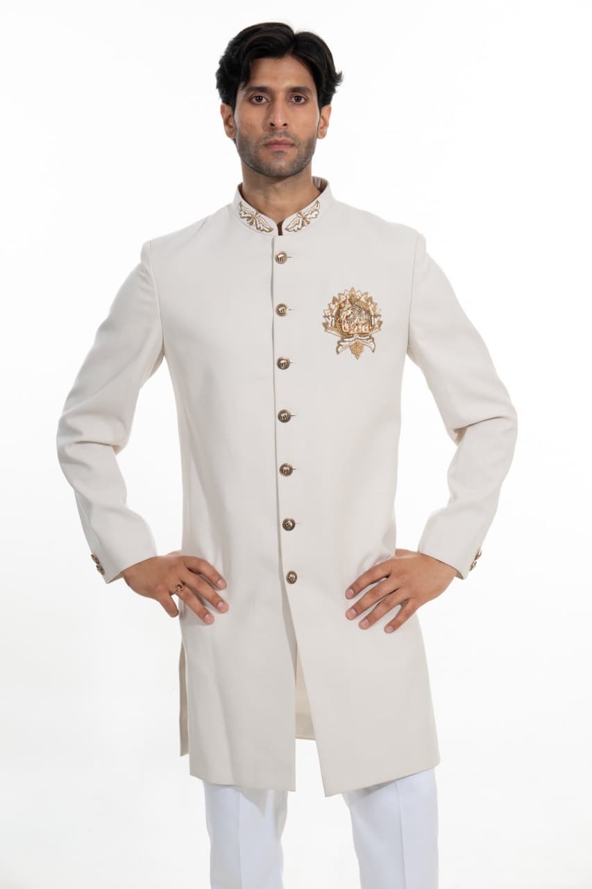 Cream Regal Indo Western Set with Embroidered Stole