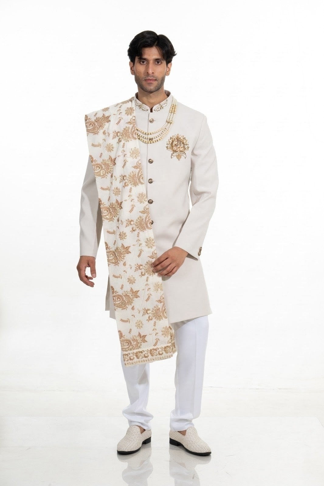 Cream Regal Indo Western Set with Embroidered Stole