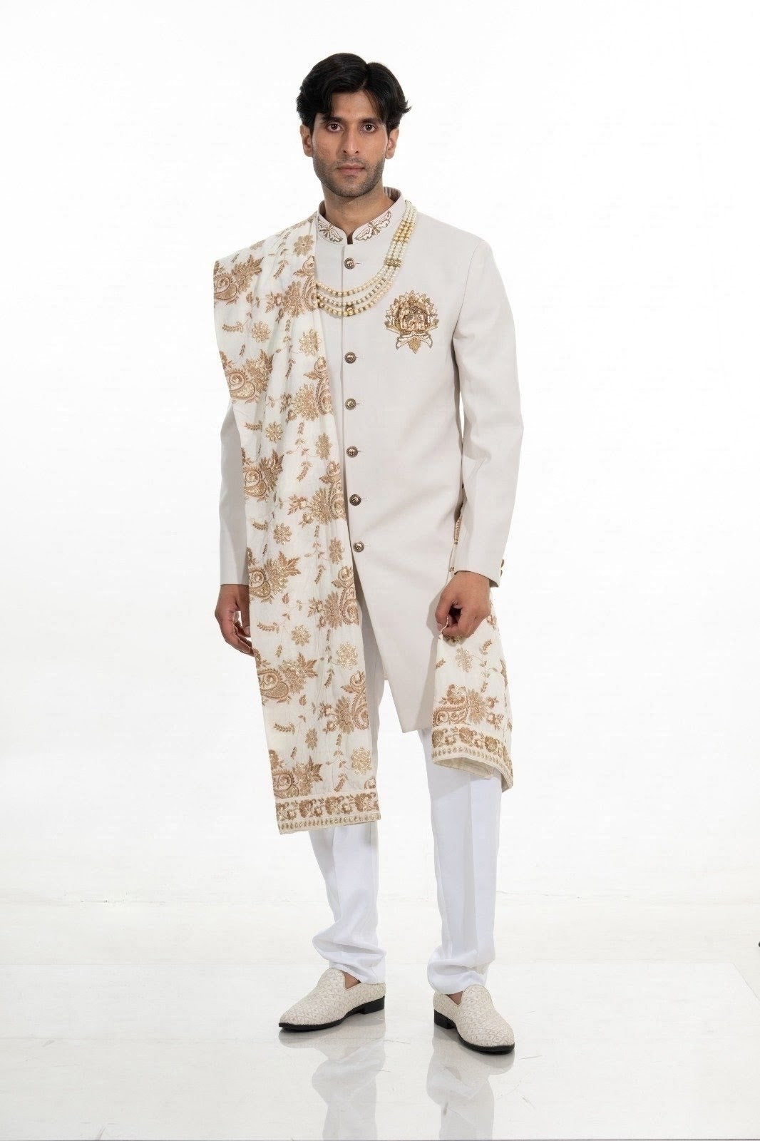 Cream Regal Indo Western Set with Embroidered Stole