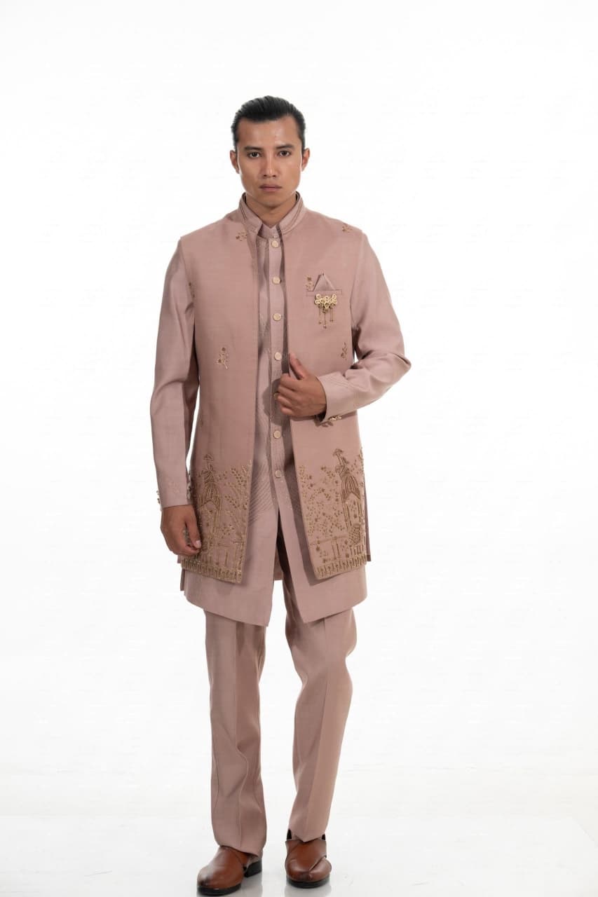 Peach Heritage Embroidered Indo Western Set