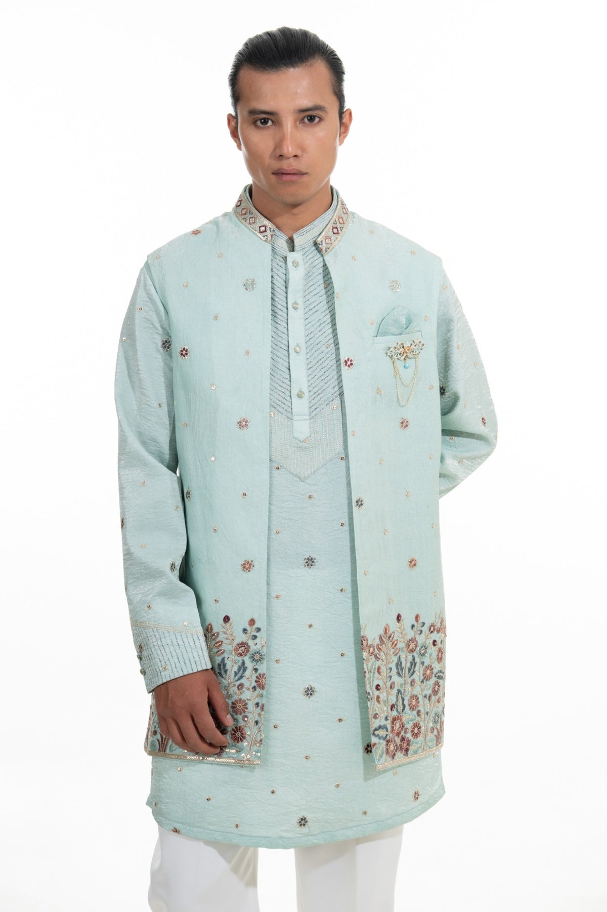 Mint Blue Floral Embroidered Indo Western Set