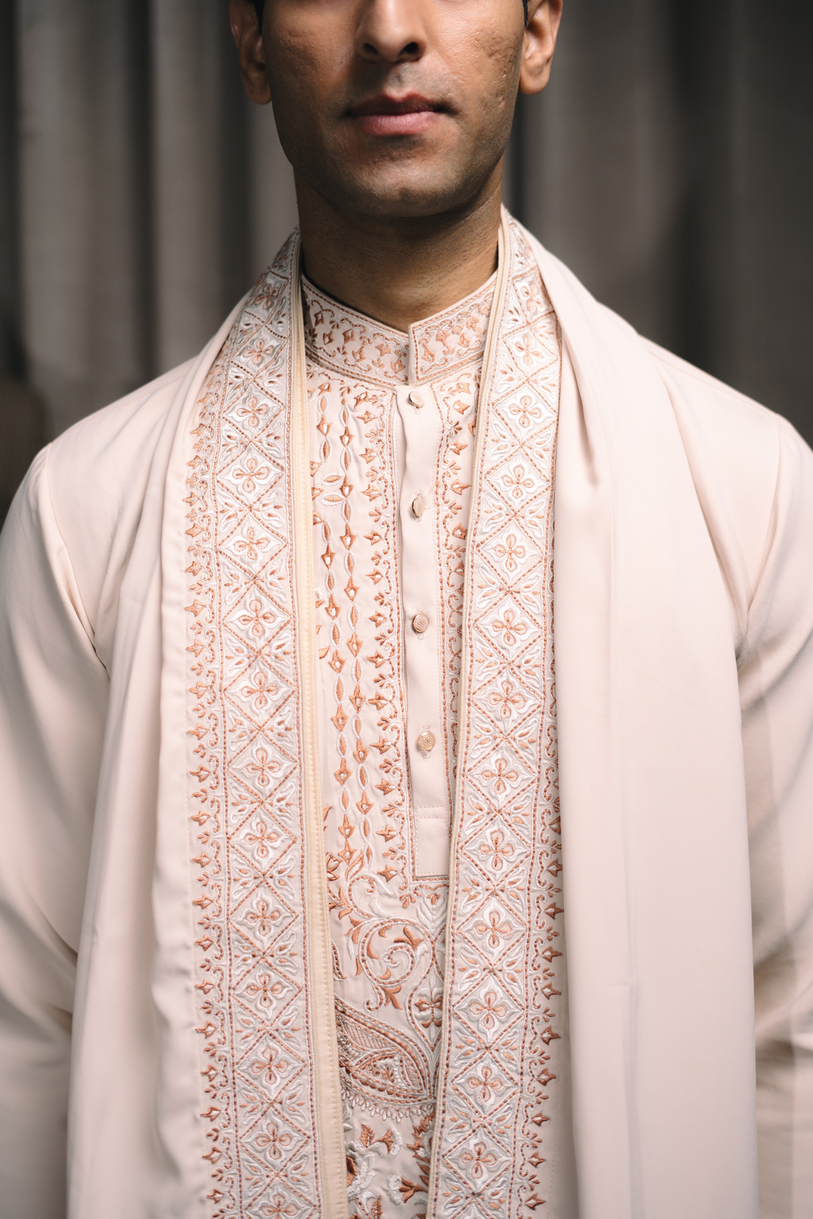 Fawn Embroidered Kurta Set With Stole