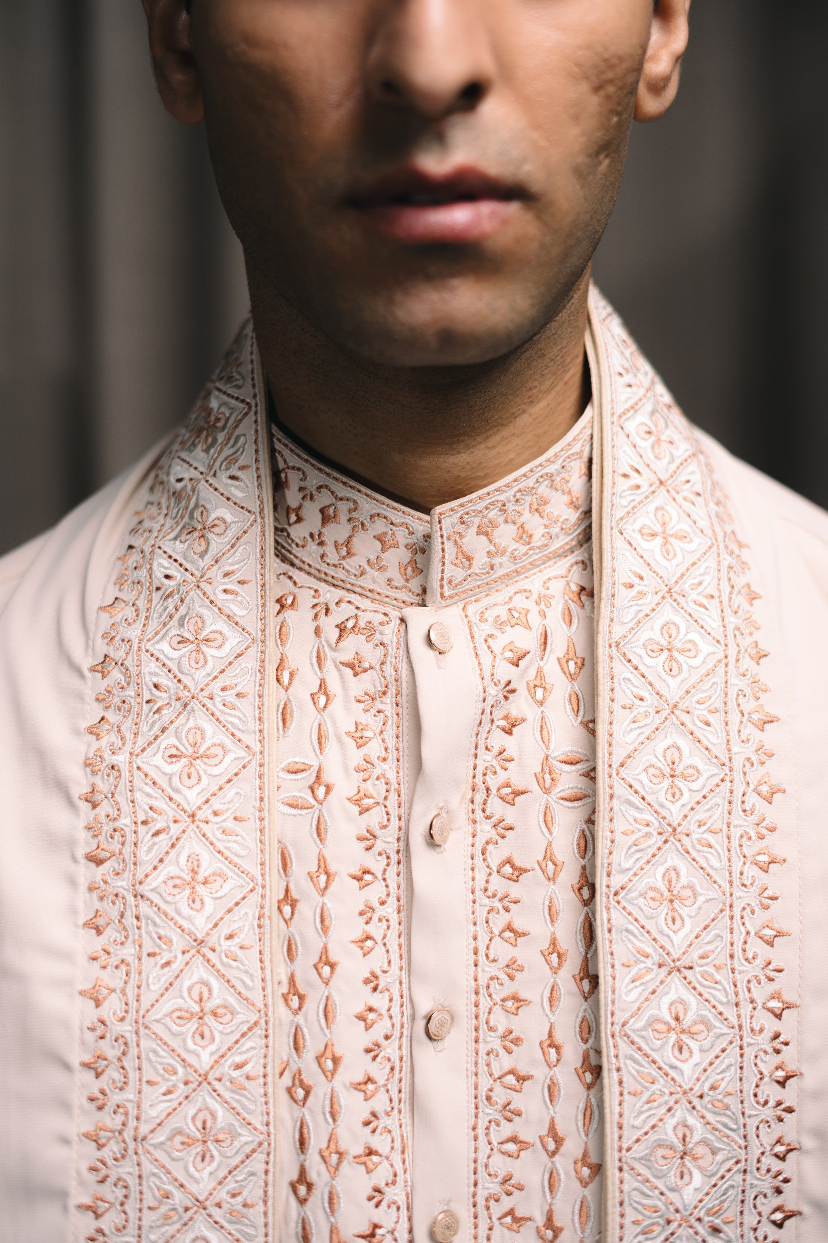 Fawn Embroidered Kurta Set With Stole
