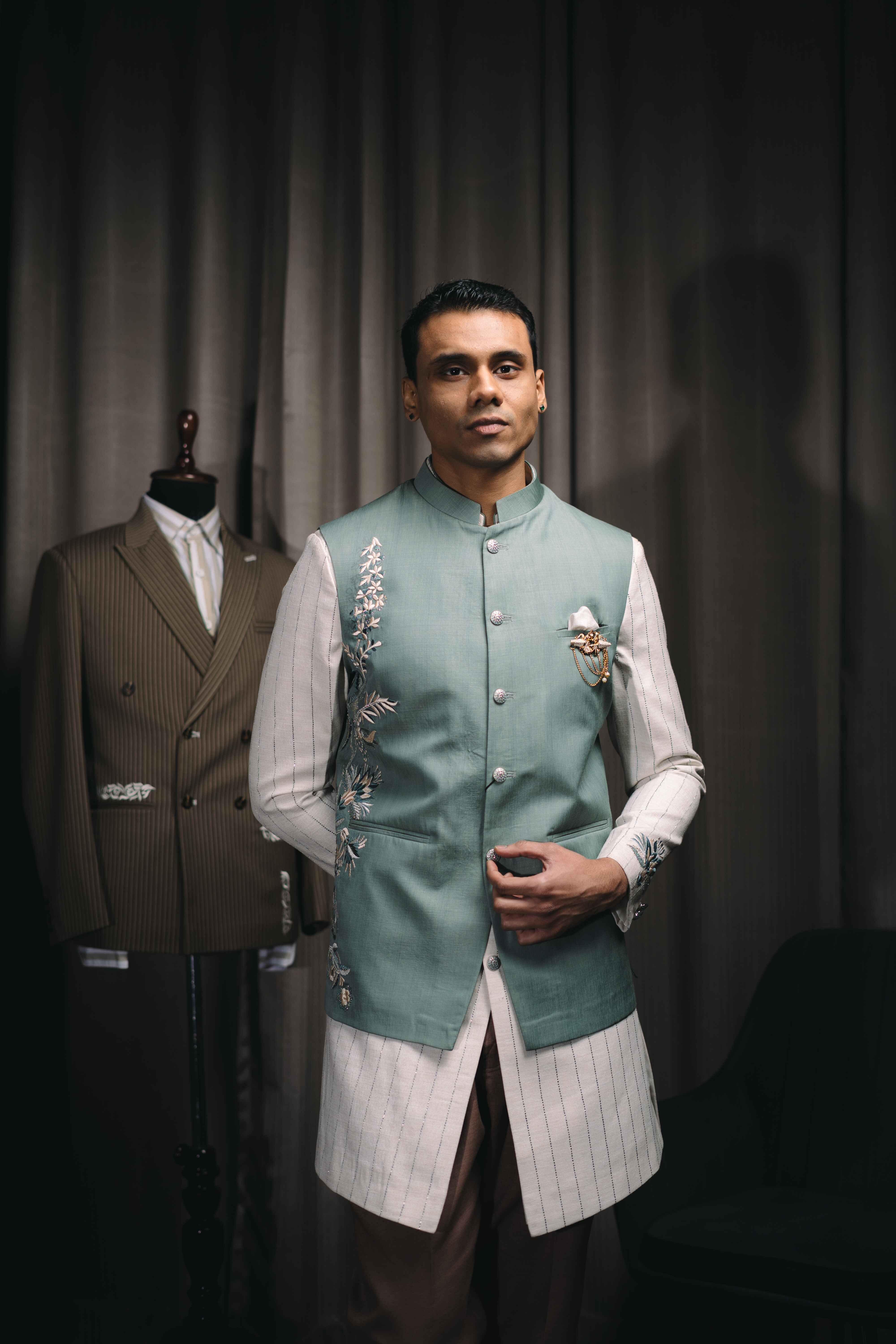 Green Embroidered Bundi Kurta Set