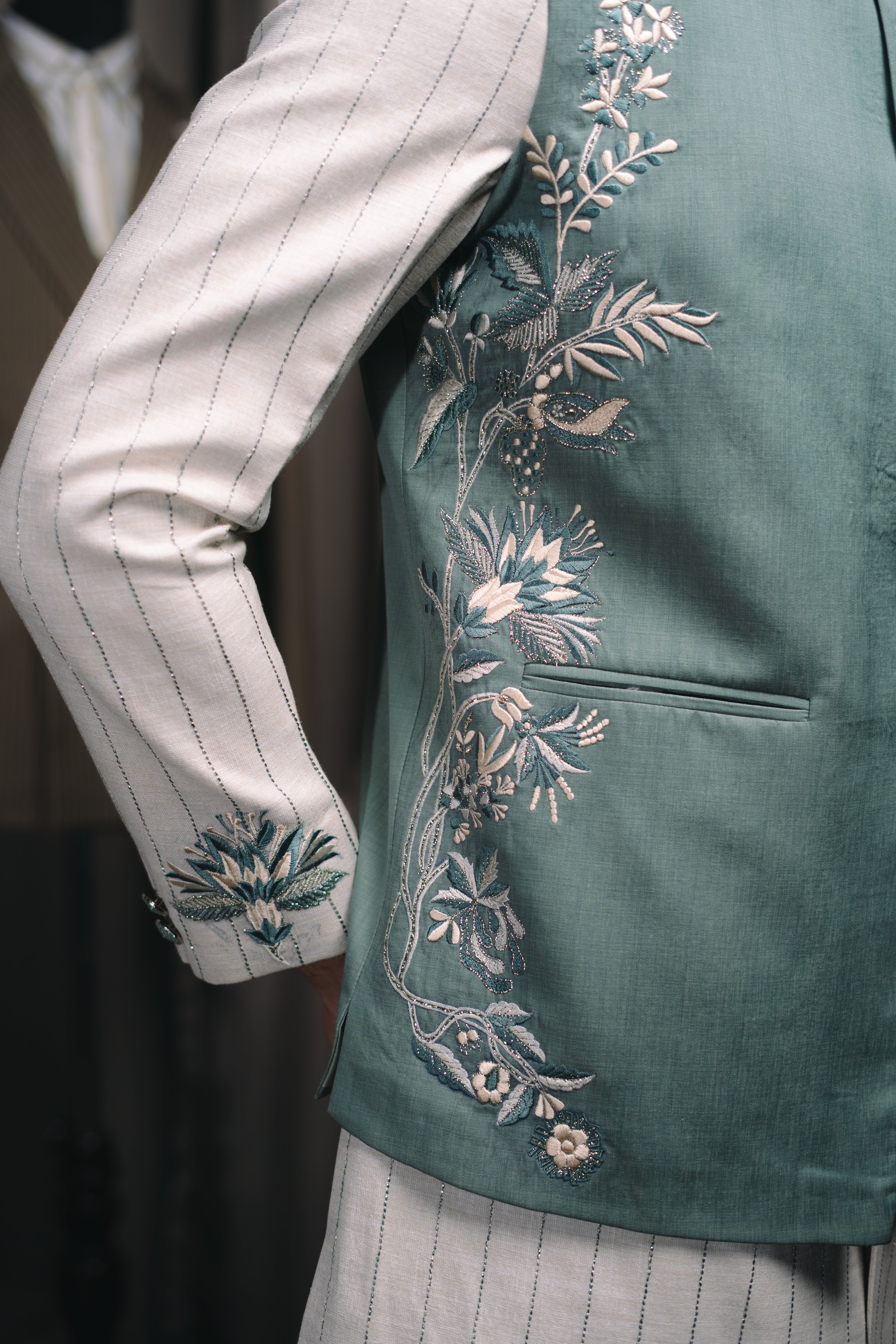 Green Embroidered Bundi Kurta Set