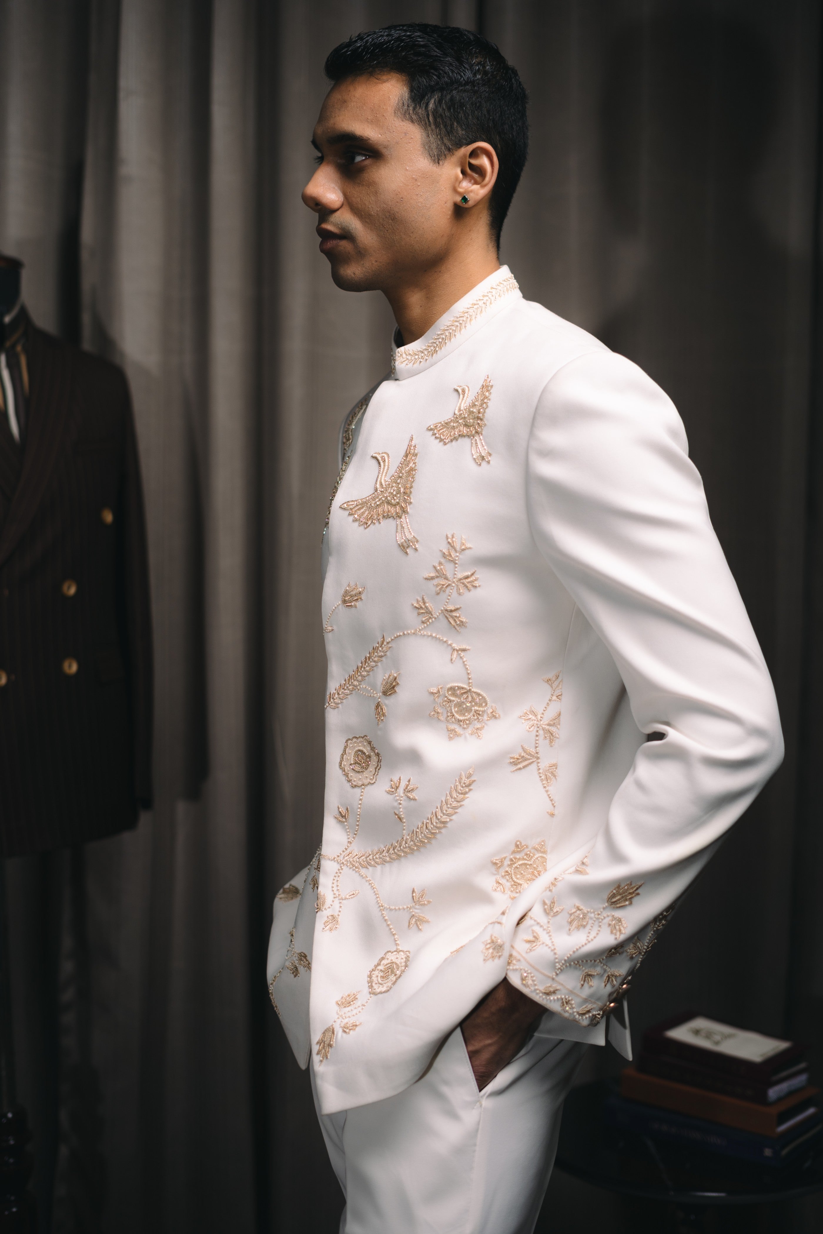 Cream Floral Embroidered Bandhgala Set