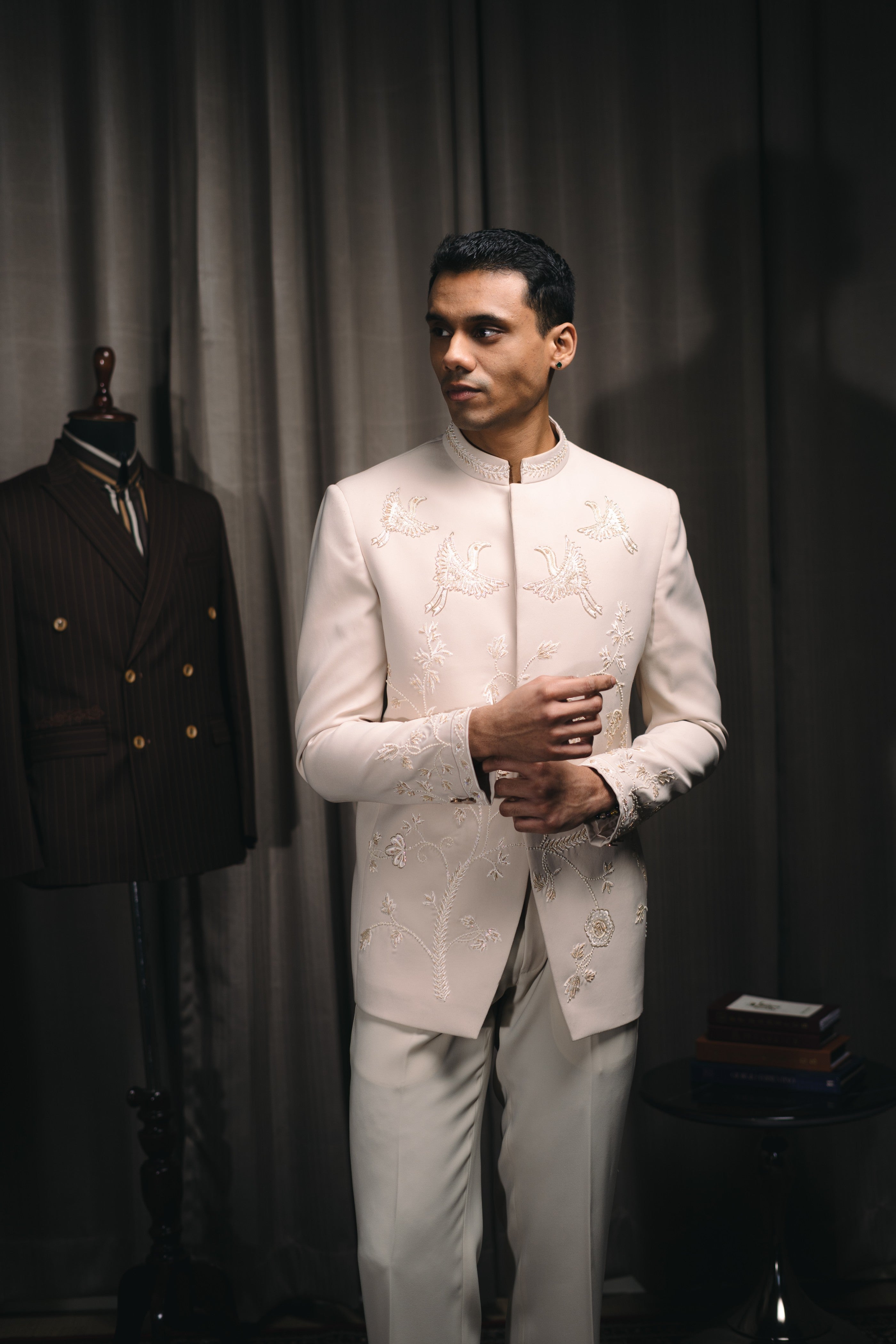 Fawn Bird Motif Embroidered Bandhgala Set