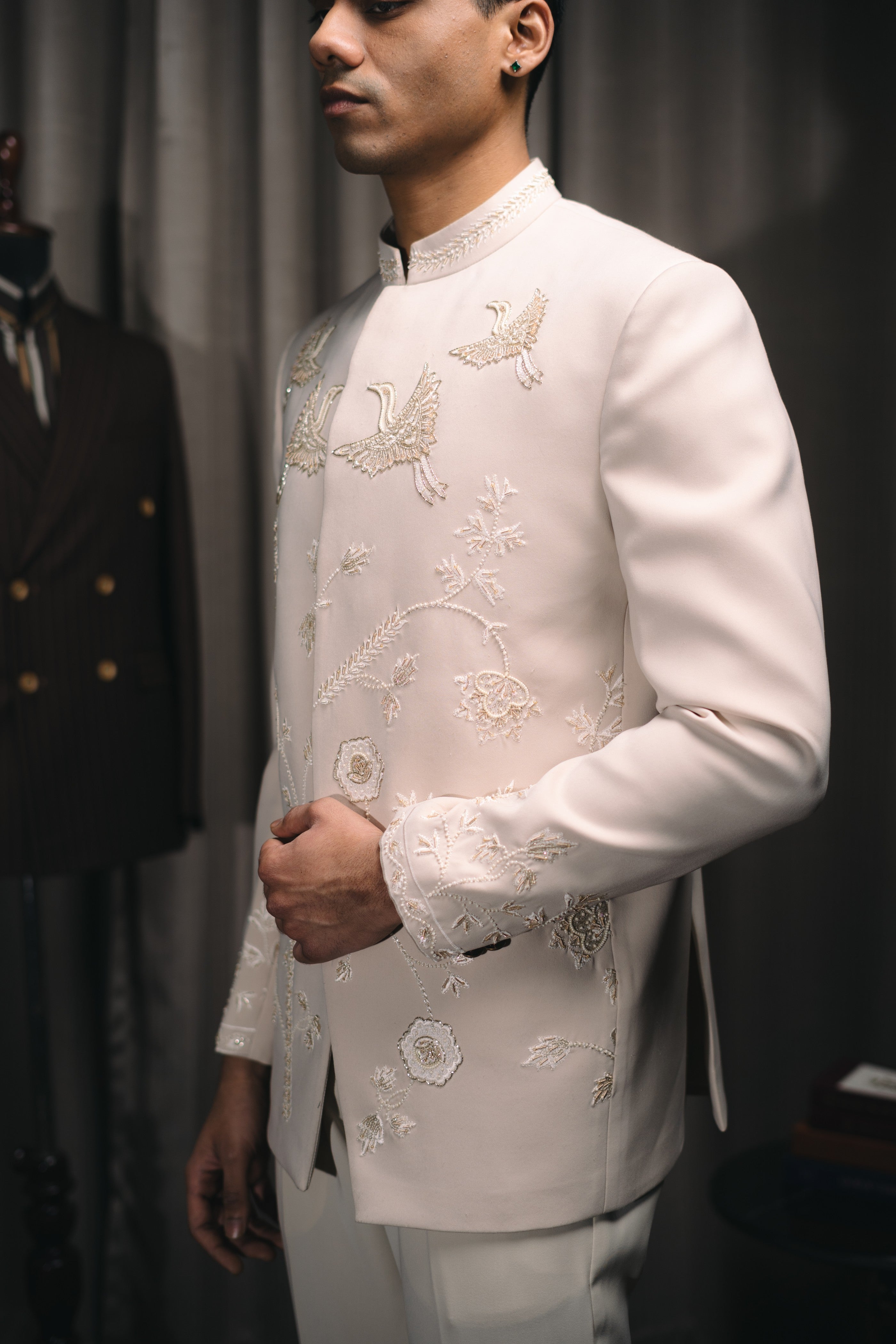 Fawn Bird Motif Embroidered Bandhgala Set