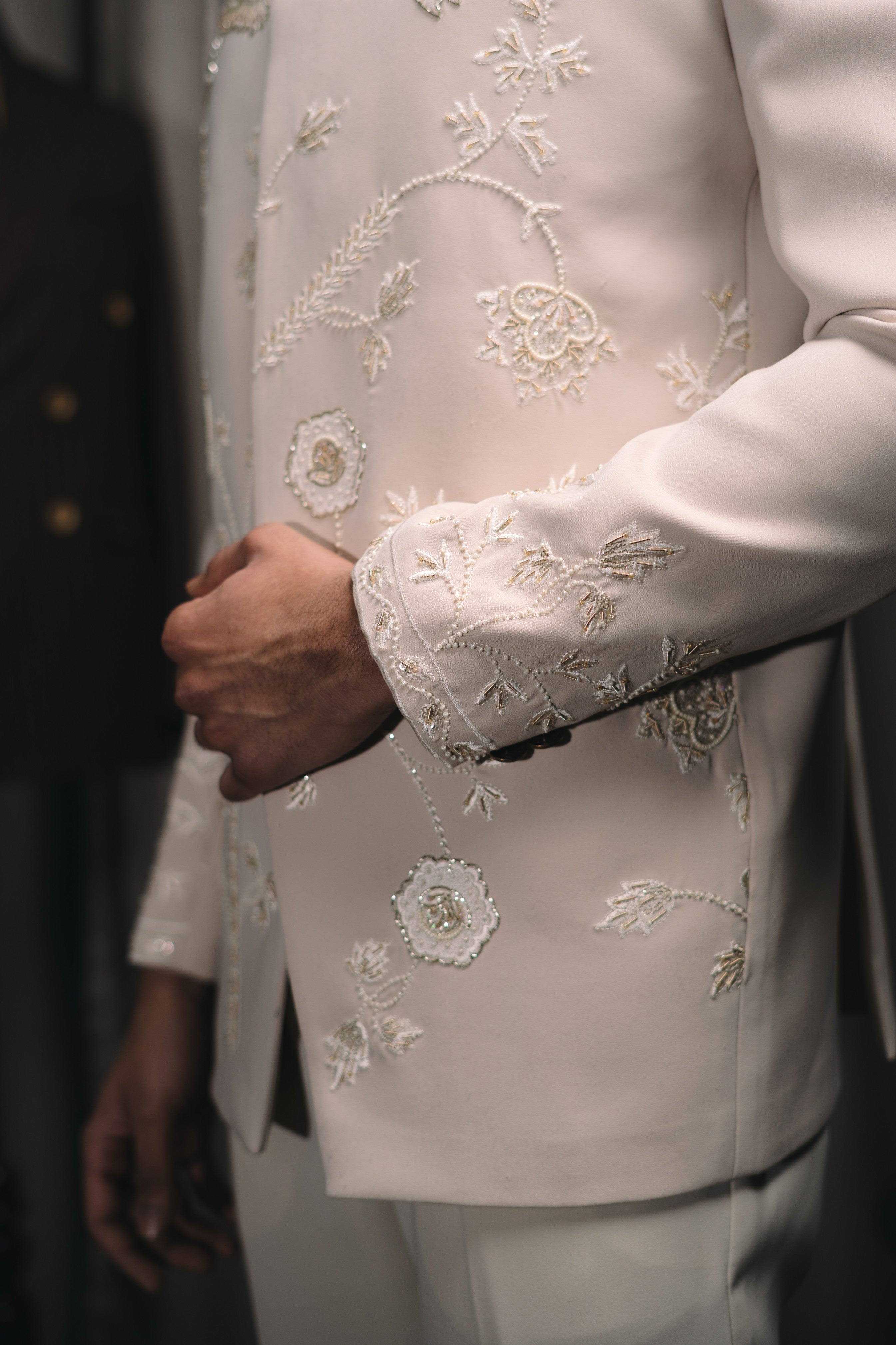 Fawn Bird Motif Embroidered Bandhgala Set