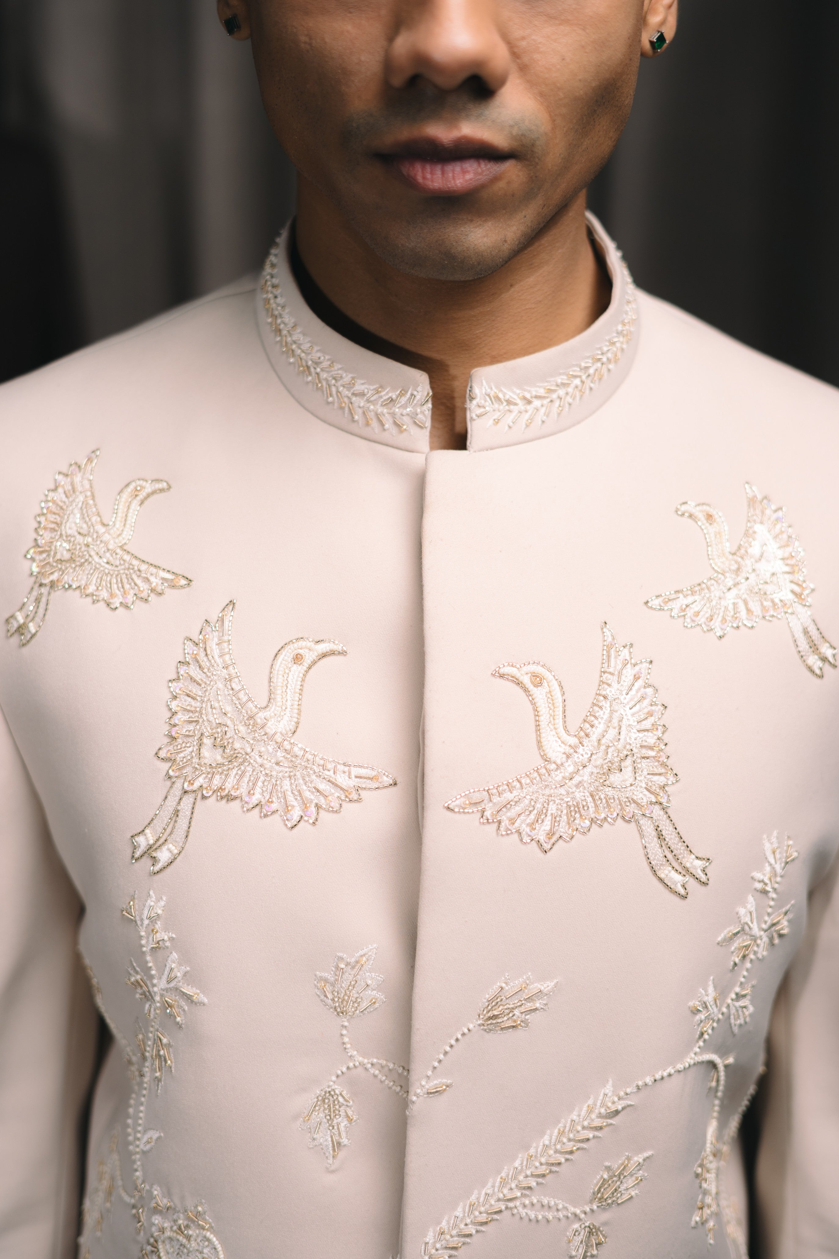 Fawn Bird Motif Embroidered Bandhgala Set